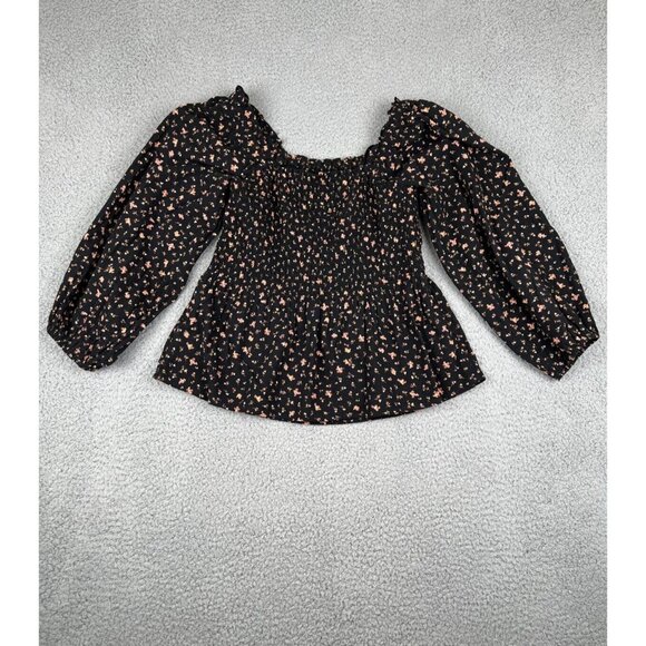 Madewell Smocked Peplum Floral AOP Blouse Black Size 0 Stretch Peasant Spring - Picture 9 of 12